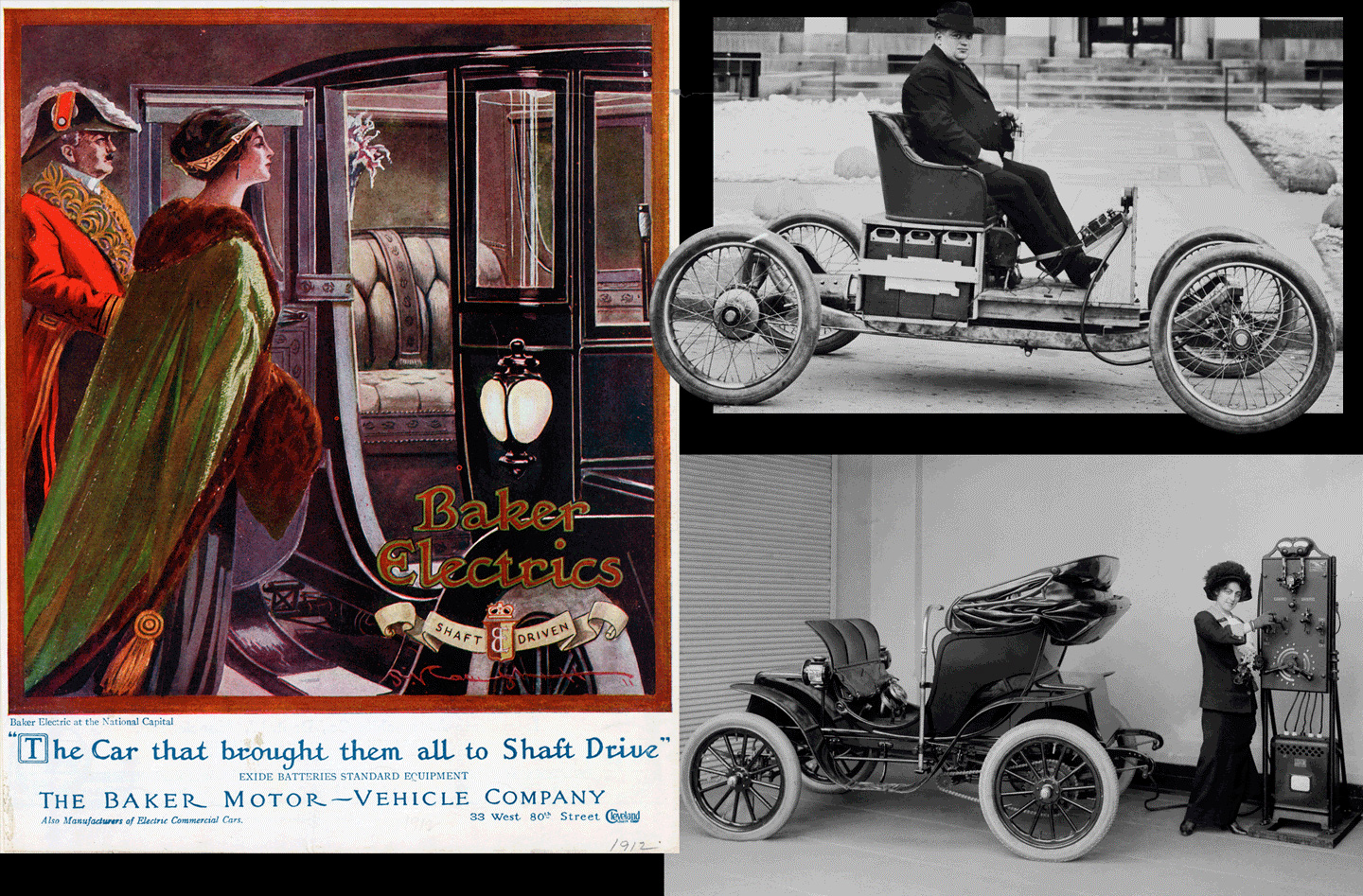Quảng cáo một mẫu xe điện từ Baker Motor năm 1912 (bên trái). Thử nghiệm xe chạy điện của Ford (phía trên bên phải). Một phụ nữ đang sạc điện cho mẫu Columbia Mark 68 Victoria năm 1912 (bên phải,phía dưới)