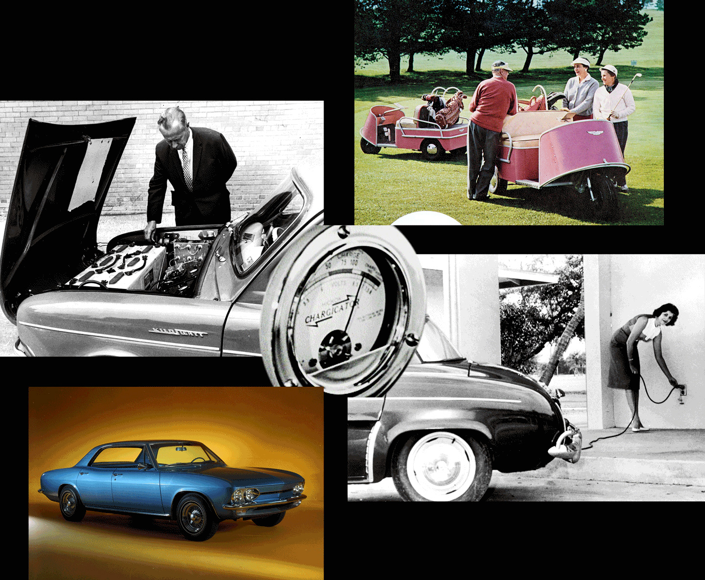 Mẫu xe Henney Kilowatt năm 1966 được tùy chỉnh lại từ Renault Dauphines (trên và dưới bên trái). Xe golf cart chạy điện do Lektro giới thiệu (trên cùng bên phải). Mẫu xe Electrovair II từ GM (dưới cùng bên phải)