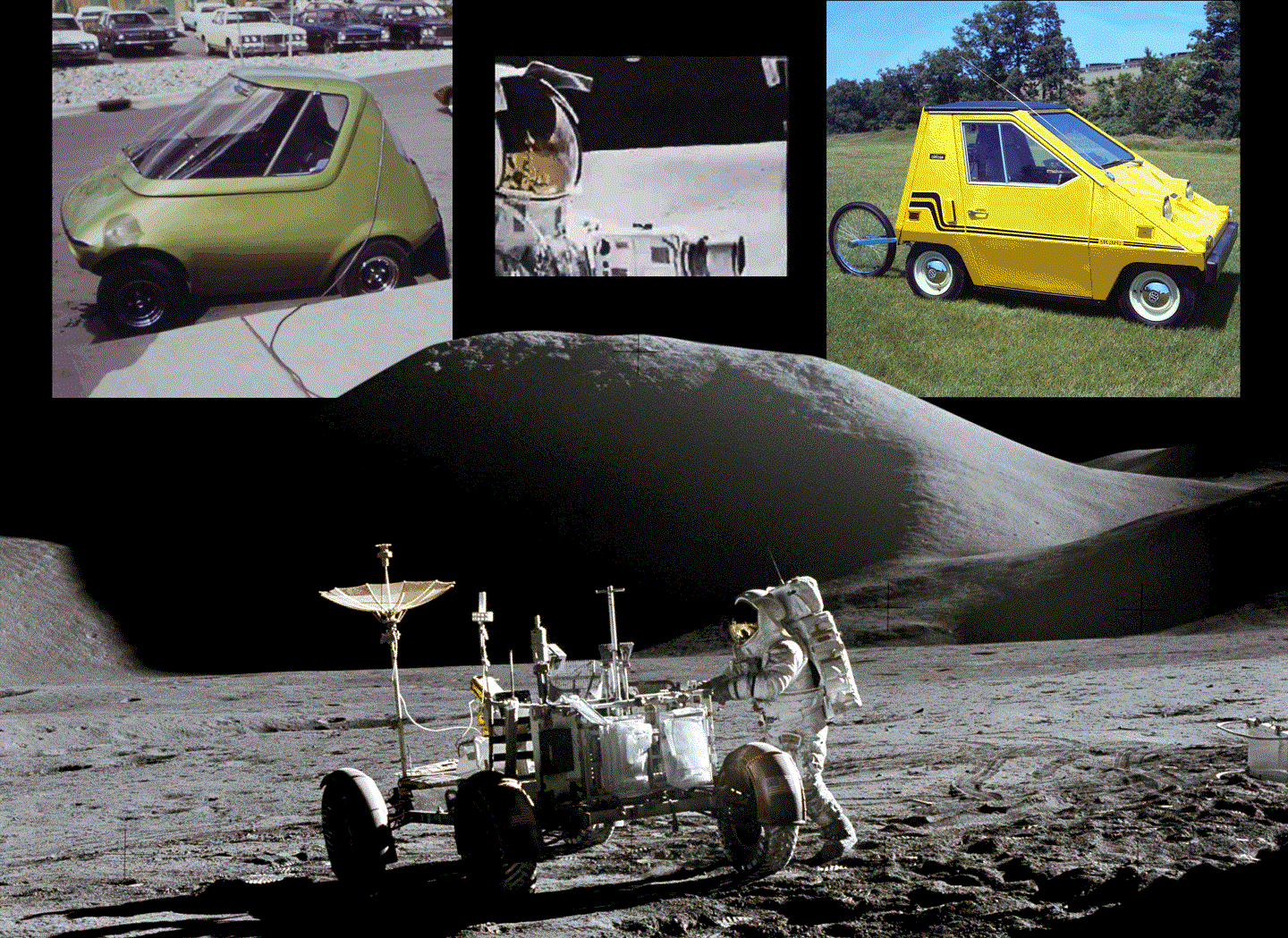 Nguyên mẫu xe chạy trong đô thị của GM năm 1973(trên cùng bên trái). Một đoạn phim ghi lại cảnh Lunar Roving Vehicle di chuyển trên mặt trăng (trên cùng ở giữa). Mẫu CitiCar của NASA năm 1976 (trên cùng bên phải). Phi hành gia James B. Irwin và chiếc xe trên mặt trăng năm 1971(dưới cùng).