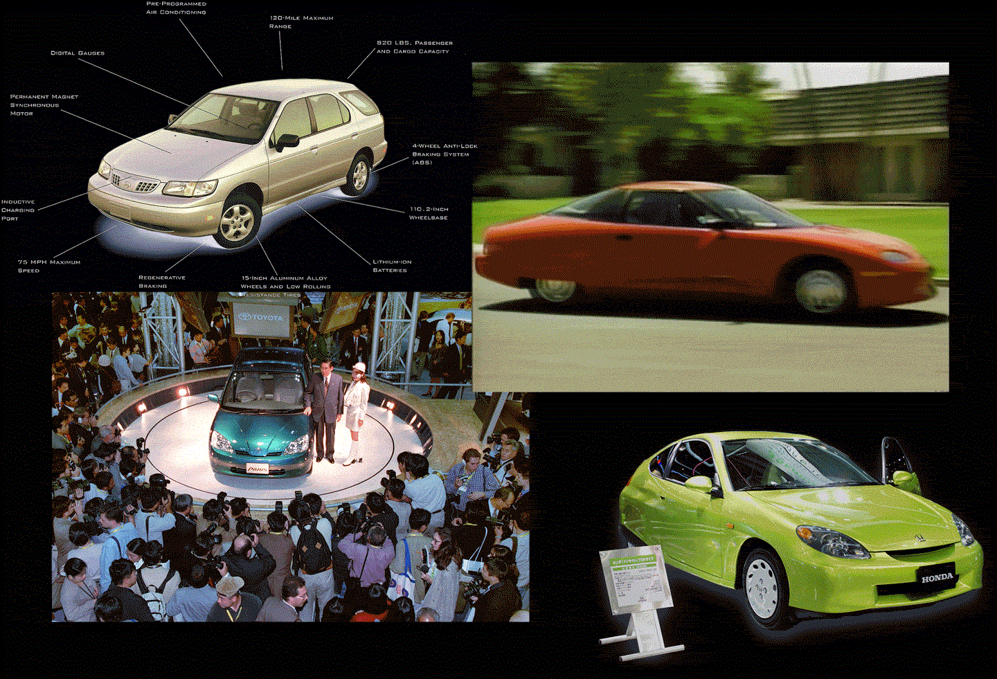 Một mẫu quảng cáo Nissan Altra từ năm 1997(trên cùng bên trái). Chủ tịch Hiroshi Okuda giới thiệu Toyota Prius tại Chiba năm 1997(dưới cùng bên trái). Mẫu xe EV1 ra mắt năm 1996 (trên cùng bên phải). Honda Insight trưng bày năm 1999 (dưới cùng bên phải)