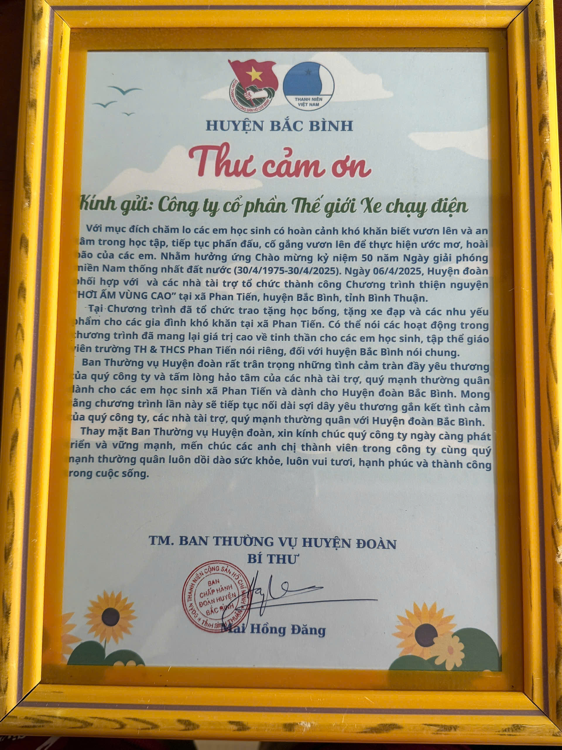Thư cảm ơn trang trọng từ Huyện Đoàn Bắc Bình gửi Công ty Thế Giới Xe Chạy Điện