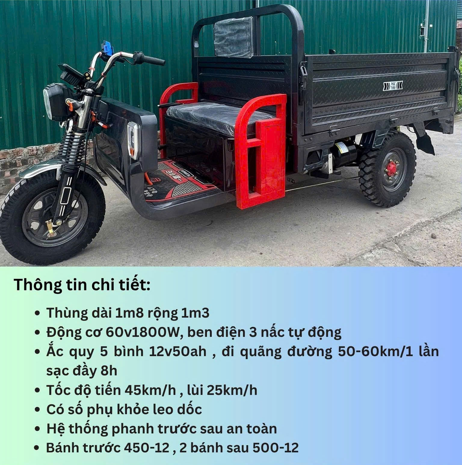 Xe 3 bánh điện nhập khẩu PT 1200kg có ben thủy lực